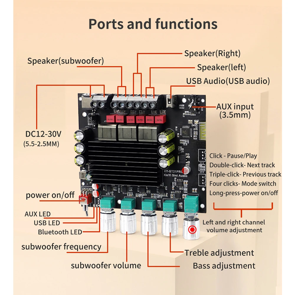 Amplificatore Board 2.1 Canali Stereo Bluetooth - 50W+50W+100W - Per Home Theater E Sistemi Audio Fai-da-Te