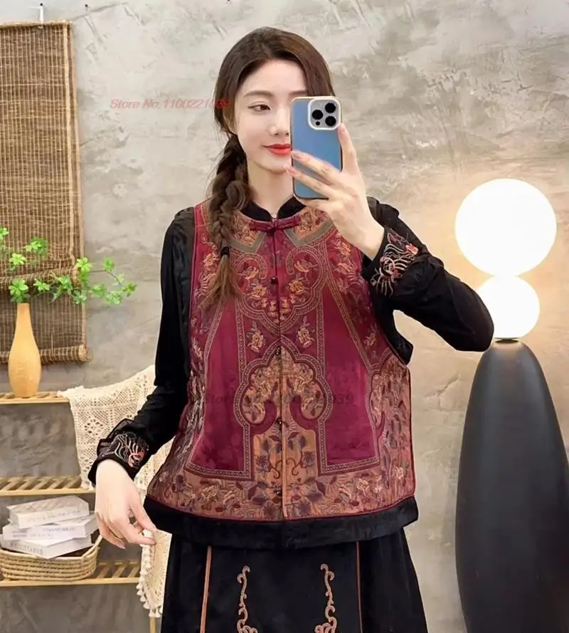 

2024 national flower embroidery tang suit vest chinese traditional cotton-padded vest oriental vintage casual short waistcoat