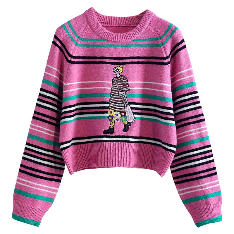 

Striped Cropped Sweater Women Cartoon Embroidery Kawaii Sweaters Crop Top Korean Fashion 2023 Short Pullover Woman Autumn Jumper