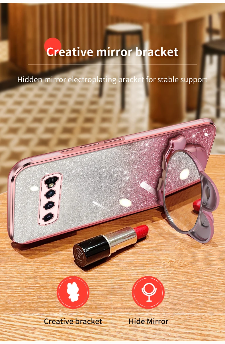 Étui de support de miroir de maquillage de lapin à paillettes pour Samsung Galaxy Note 20 Ultra Plus S10Plus S10 plus S 10 Soft Cover_voghion.com