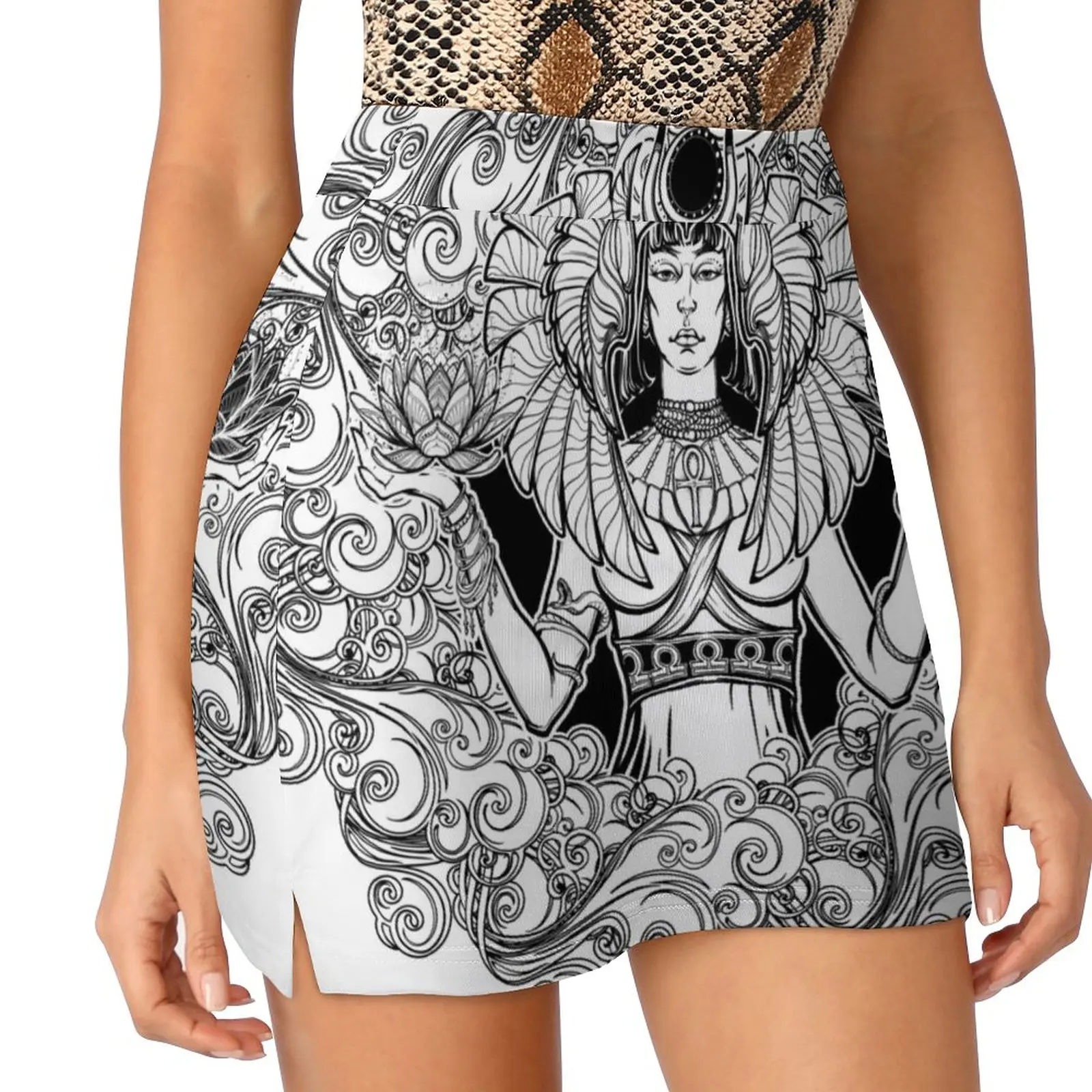 

Zodiac sign Libra. Egyptian goddess Isis balancing in hands black and white lotus as a symbol of equil Light proof trouser skirt