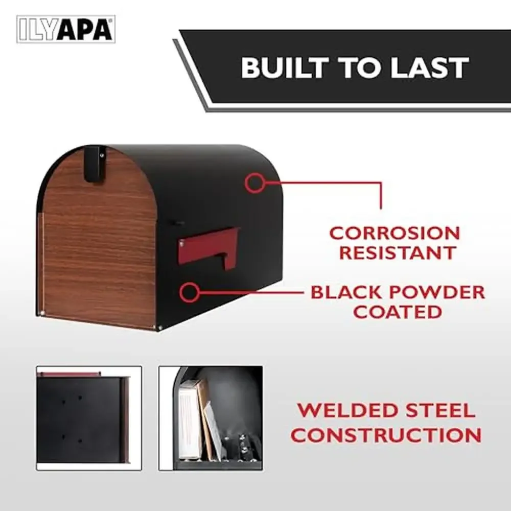 Modern Black Metal Mailbox with Wood Pattern Door Heavy Duty Steel Post Mount Outdoor Mail Box Weather Resistant Design Spacious