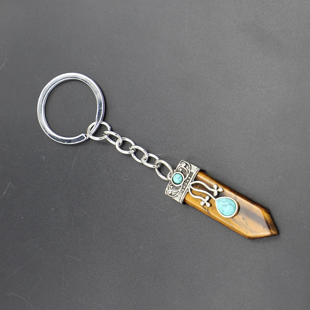 Creative Natural Arrow Keychain Quadrillic Pyramid Crystal Inset Turquoise Fashion Sword Keyring Gift Accessories Wholesale 5Pcs