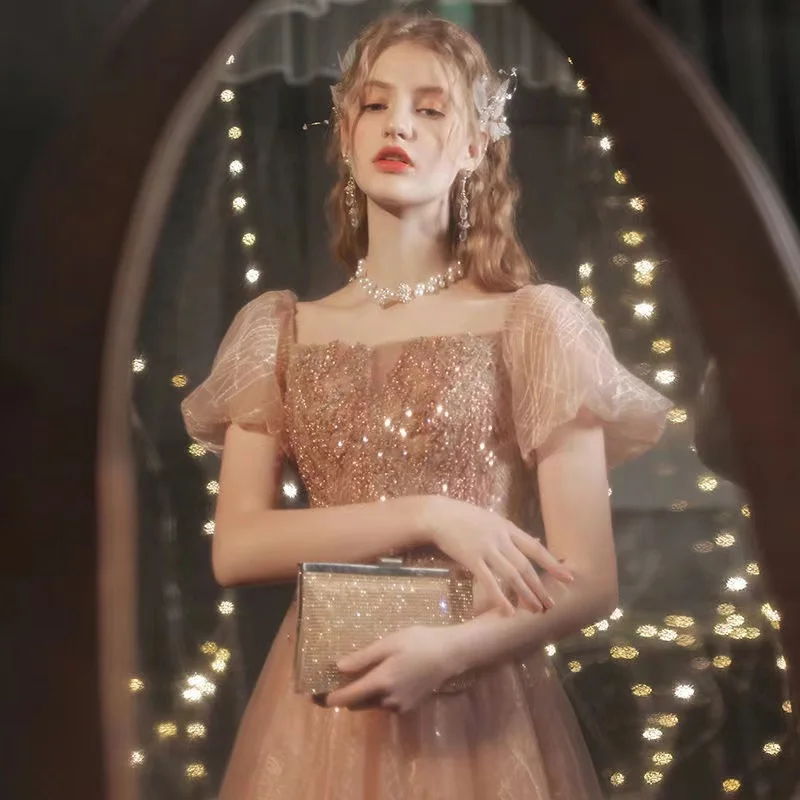 

Легкие роскошные золотистые вечерние платья цвета шампанского с квадратным воротником с пышными рукавами Бандажное блестящее Вечернее пр...