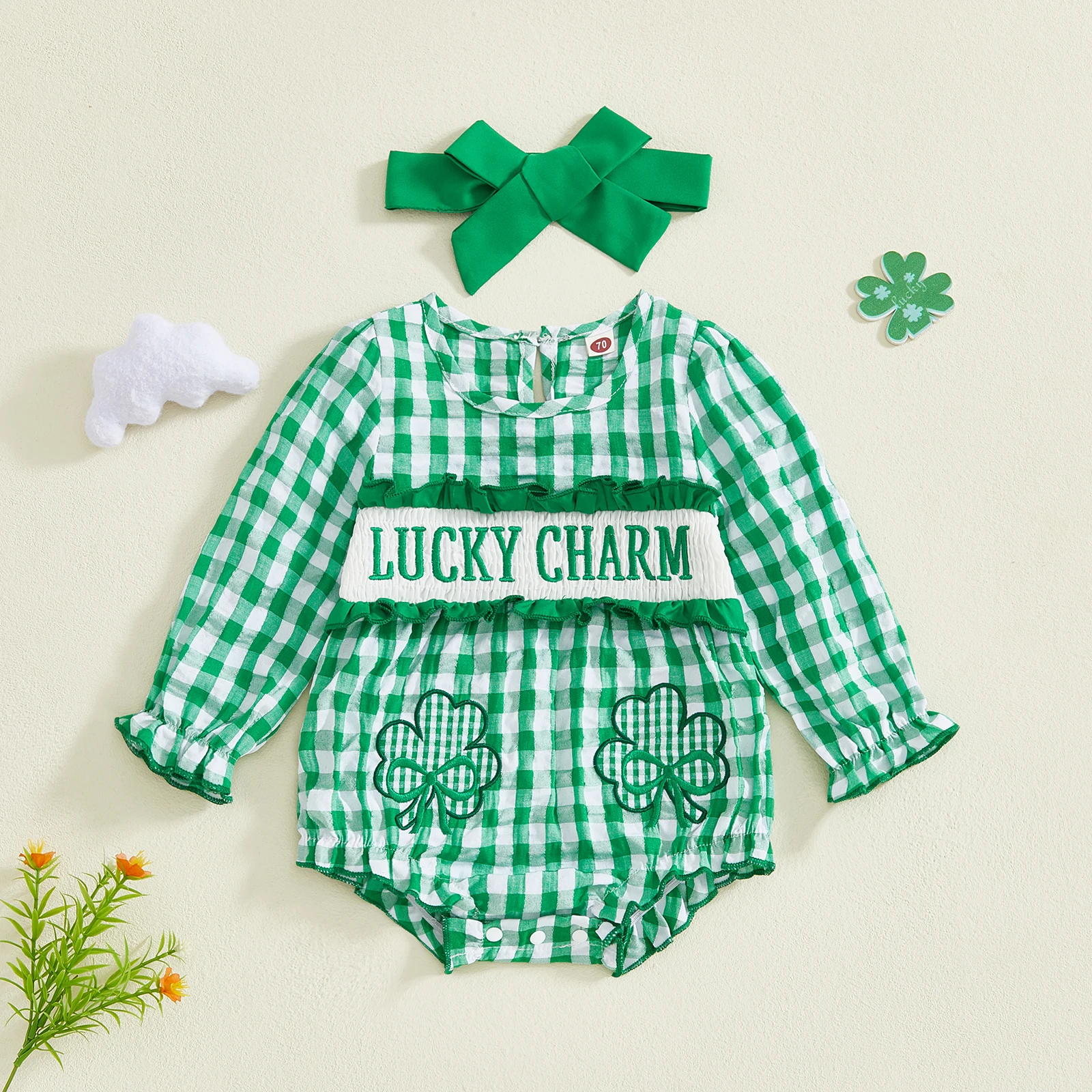 Stylish Baby Boy Green Plaid Romper Adorable Clover Embroidery Short Sleeve Smocked  with Matching Hat