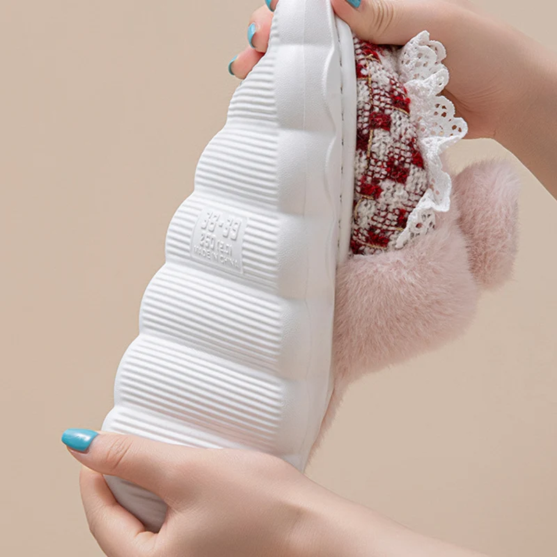 Baize Bowknot Fur Slippers for Women Sweet Fleece Thick Warm Cotton Slippers Woman Winter 2025 Soft Sole Living Room Shoes Mujer