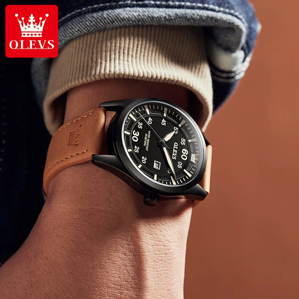 OLEVS Fashion Brand Quartz Watch for Men Casual Leather Strap Date Simple Dial Men's Watches Waterproof Wristwatch Reloj Hombre