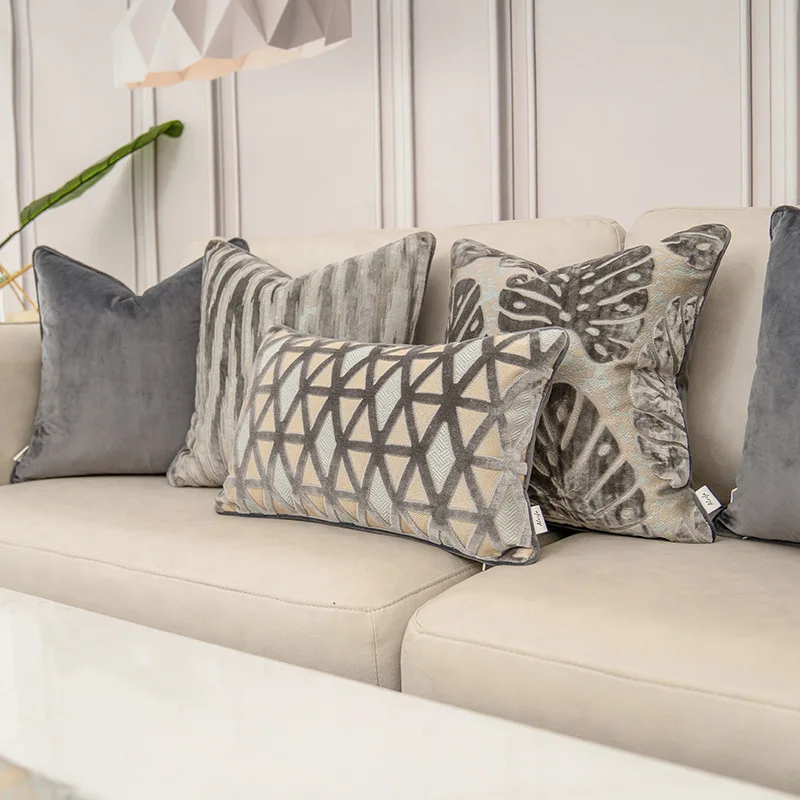 

Luxury Plant Leaves Pattern Cut Velvet Cushion Cover Gray Throw Pillow Geometric Pillowcase For Sofa Bed Living Room Decor