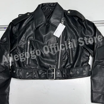 Getadme Women Vintage Loose Pu Faux Leather Short Jacket with Belt Streetwear Female Zipper Retro Moto Biker Coat Outwear Tops