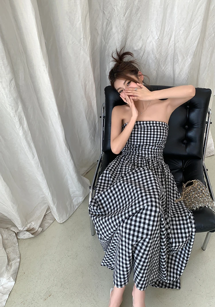 Casual Strapless Midi Dresses for Women Striped Sleeveless A-line Korean Chic Summer New Party Dress Vestidos Mujer