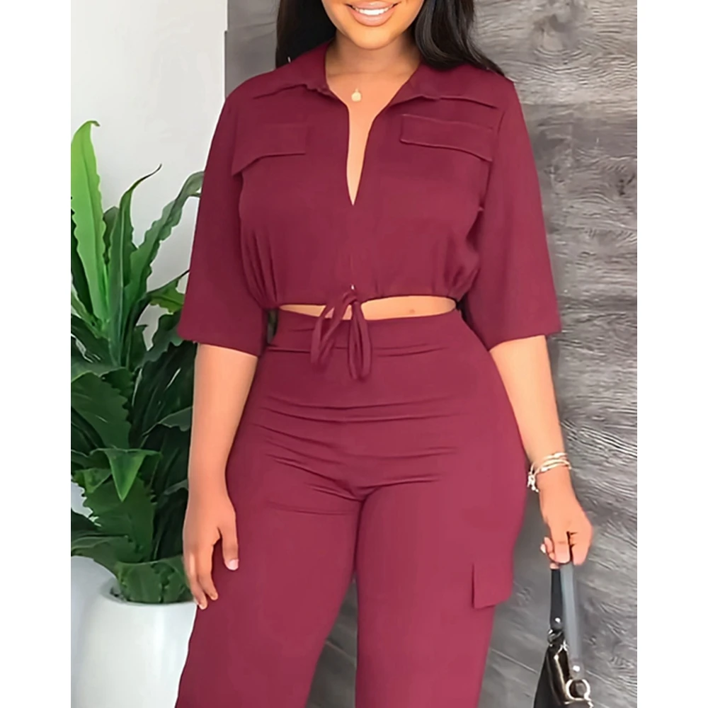 Autumn Women Drawstring Half Sleeve Top & High Waist Cargo Pants Set Female Casual Cargo Two Pieces Suit Set Elegant Workwear
