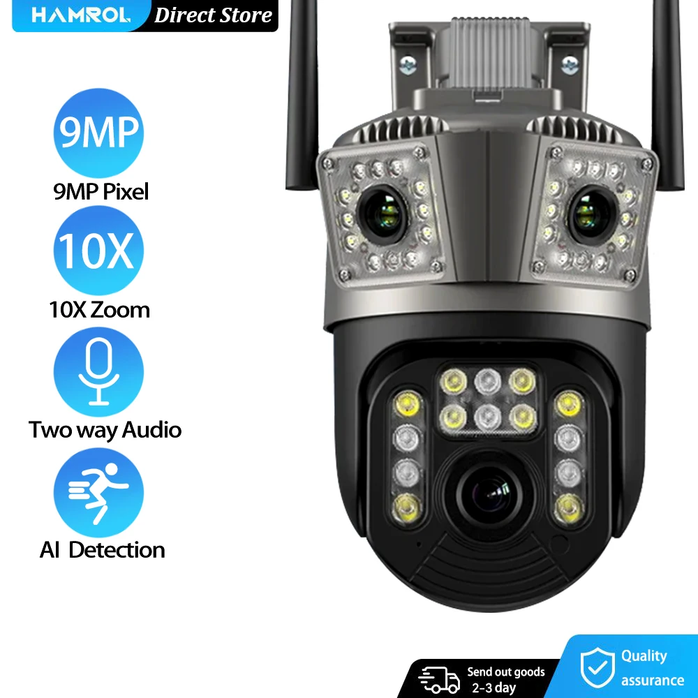 

HAMROL HD 5K WIFI IP Camera 9MP PTZ Camera 10X Zoom 3 Lens 3 Screens AI Detection Outdoor 6MP CCTV Security Surveillance