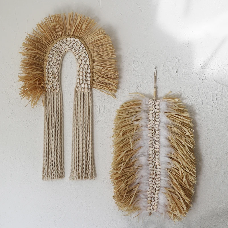 

Скандинавский стиль ручной работы рафия оболочка Тканое украшение для стен гобелен гостиная диван спальня прикроватный фон настенная подвеска