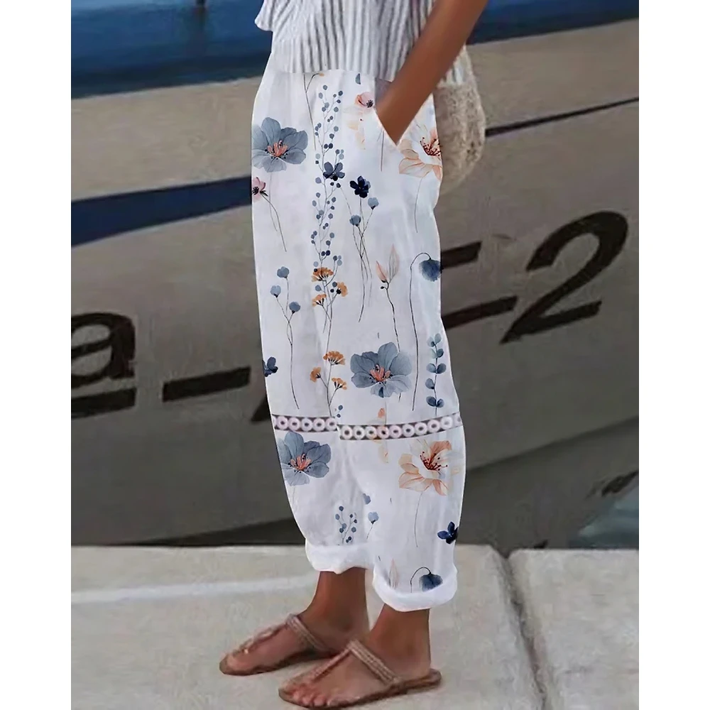 Casual Floral Print Pocket Design Long White Women Pants Hollow Out Lace Patch Cuffed Pants Summer Female Trouses Streetwear