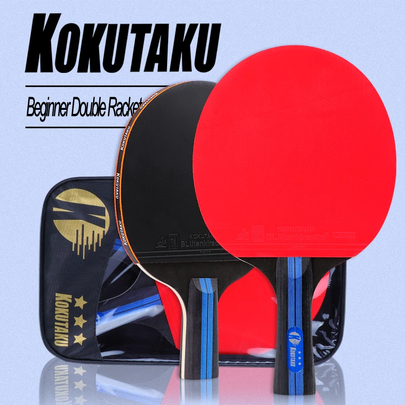 

KOKUTAKU 2pcs Table Tennis Racket Set 3-Star 5 Layers Pure Wood Blade Double Pips-in Sticky Rubber Ping Pong Paddle for Beginner