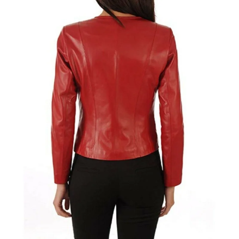 Women Genuine Leather Top Coat Sheepskin Stylish Classic Slim Fit Collarless Zippered Leather Jacket