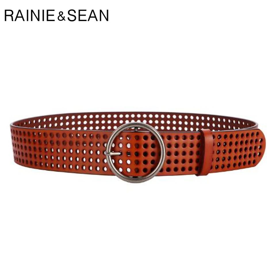 RAINIE SEAN Real Leather Ring Belt Women Cummerbunds Wide Pin Belts For Dresses Ladies Mesh Brown Leather Cowhide Designer Belt rainie sean thin leather belt women vintage cowhide ladies designer belt red   white brown coffee female strap