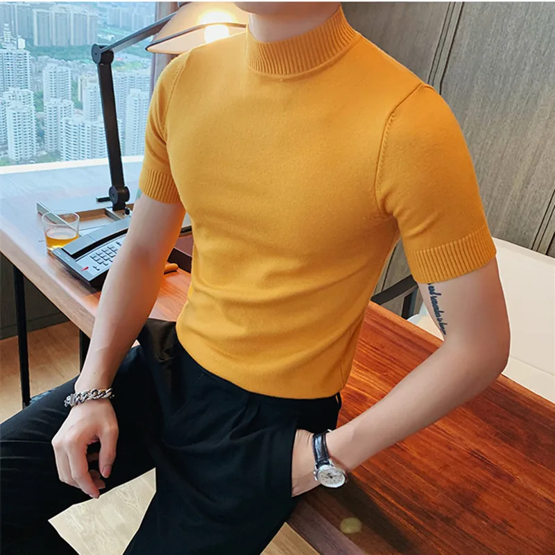 

Men Clothing 2023 Spring Summer Leisure High Neck Slim Teenager Knitted T-shirt Fashion Handsome Simple Short Sleeved Base Shirt