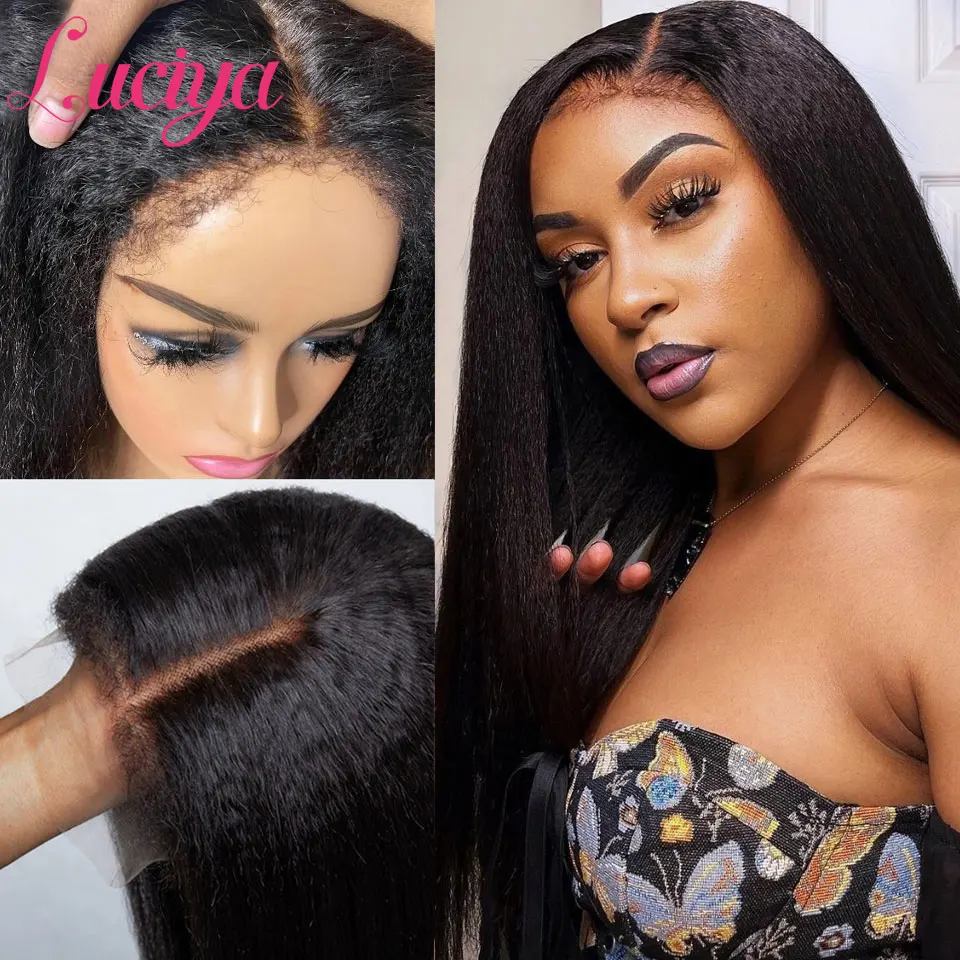 Kinky straight c edges natural hairline wig yaki x x hd lace front human hair wigs