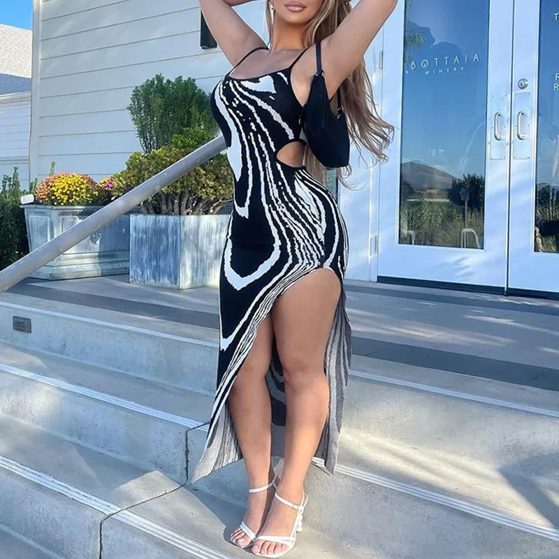 

2024 Sexy High Slit Zebra Print Party Dress Elegant Backless Slim Waist Hollow Long Dress Fashion Off Shoulder Strap Women Dress