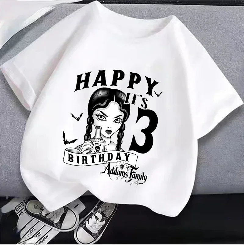 2025 New  Wednesday Addams Children Clothing Anime Summer Girls Birthday Number T-shirt Cartoon Clothes Kids Top Gift New 2