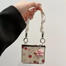 Charming Strawberry & Flower Phone Case with Knitted Fruit Pendant and Leather Strap - Z Flip 8 (I)