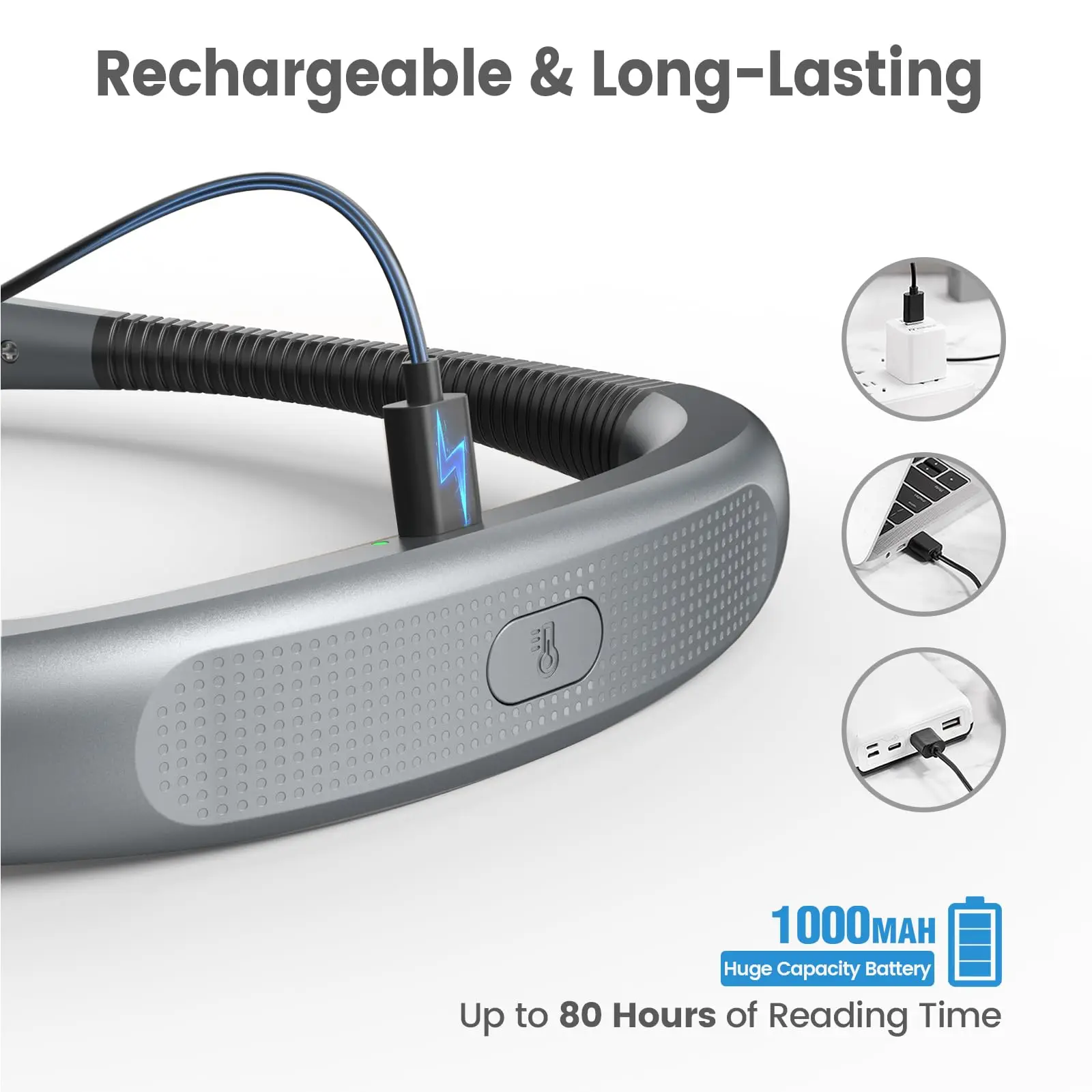 Glocusent Book Light 3-Color&6-Brightness Reading Bendable Neck Rechargeable for Reading in Bed