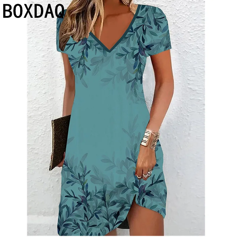 

5XL 6XL Large Size Women's Dress 3D Vintage Leaf Print Dress Summer Short Sleeve V-Neck A-line Knee-length Dress Vestidos