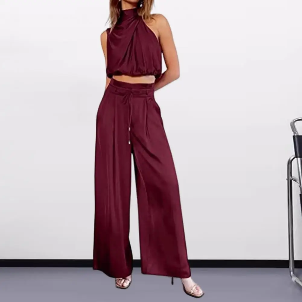 2 Pieces/set Women's Cropped Pants Suit Sleeveless Turtleneck Blouse Solid Color Drawstring High Waist Wide Leg Loose Suit
