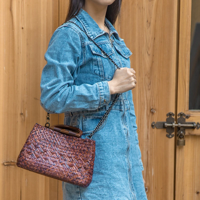 Portable Fashion Straw Bag Beach Summer Garden Style Woven Bag Women Korean Wooden Handle Handbag Zipper Bag