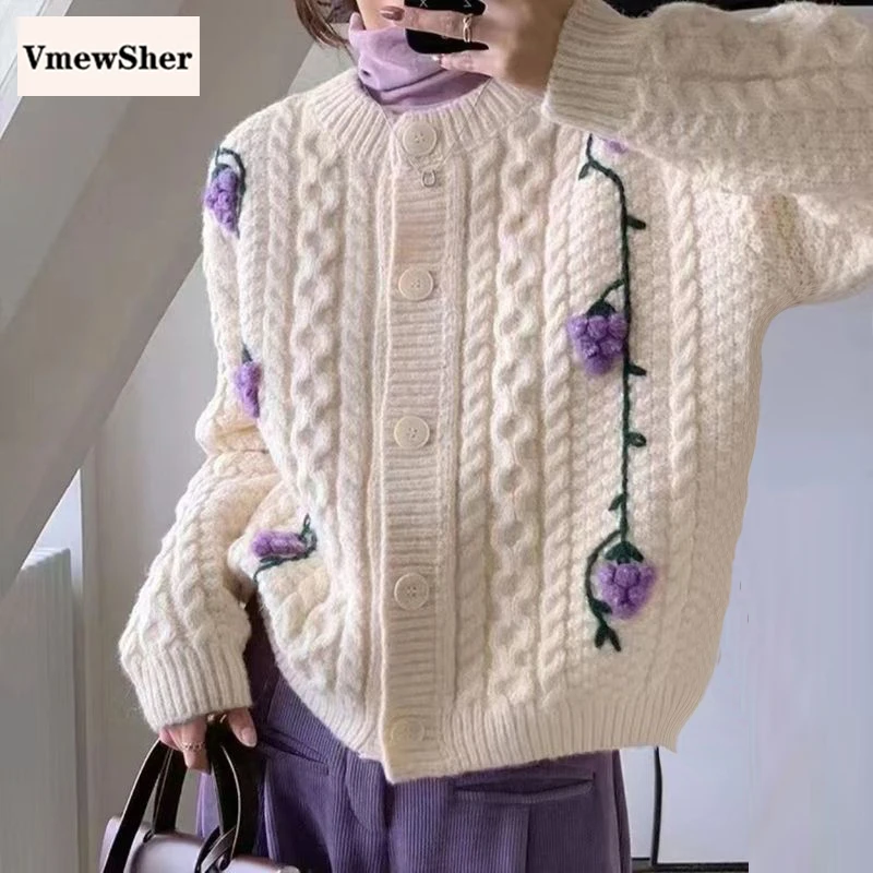 

VmewSher Chic Grape Knitted Cardigan Women Autumn New Long Sleeve Sweater Coat Single Breasted Knitwear Cute O Neck Outerwear