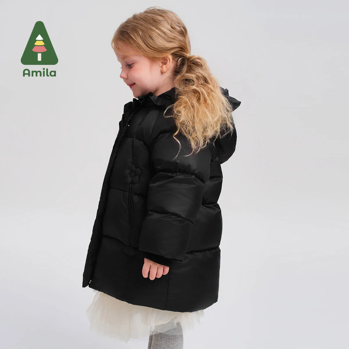 Amila Down Jacket New Winter New Style Girls Chinese Style Flower Design Hooded White Duck Down Mid-Length Children's Coat