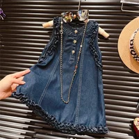Vêtements décontractés à la mode pour filles de 2 à 7 ans, Version coréenne, robe en Denim plissée à simple boutonnage, sans manches, pour l'été 1