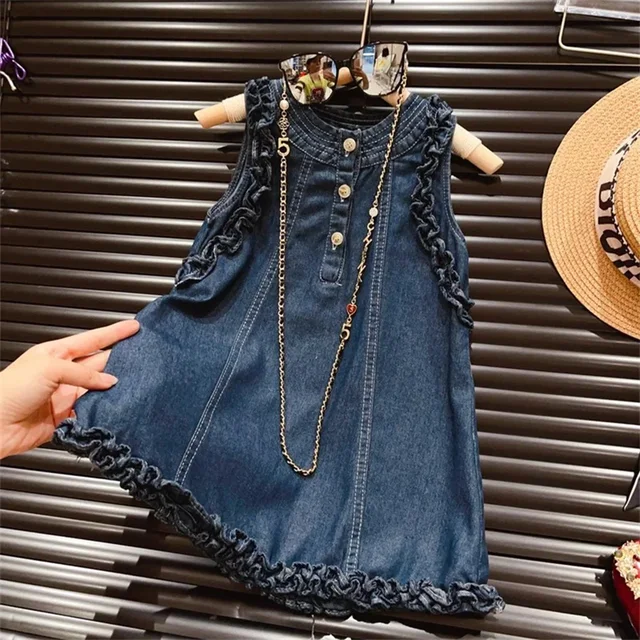 Vêtements décontractés à la mode pour filles de 2 à 7 ans, Version coréenne, robe en Denim plissée à simple boutonnage, sans manches, pour l'été 1