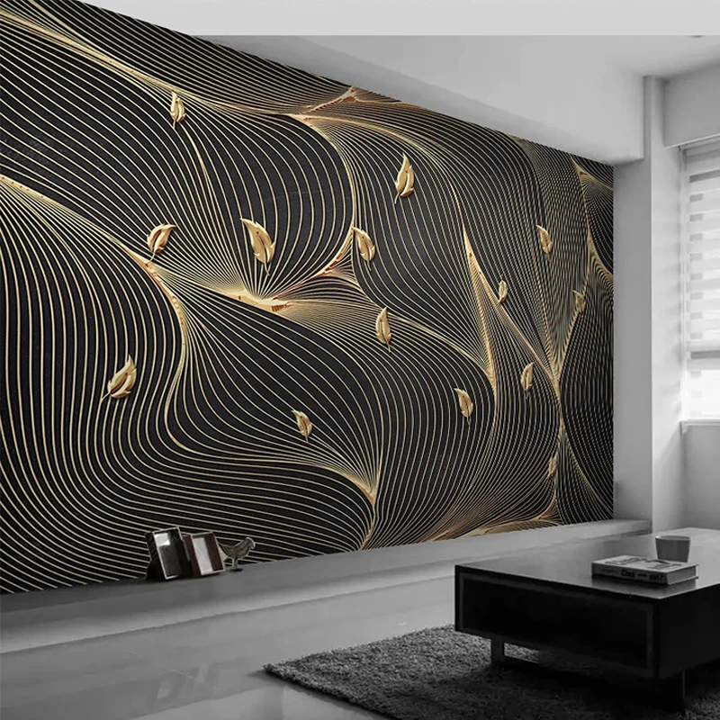 Papel de Parede Foto Personalizada Moderna Linha Abstrata Geométrica com Folhas de Ouro para Sala de Estar Sala de tv Sofá Quarto Decoração de Casa de Luxo
