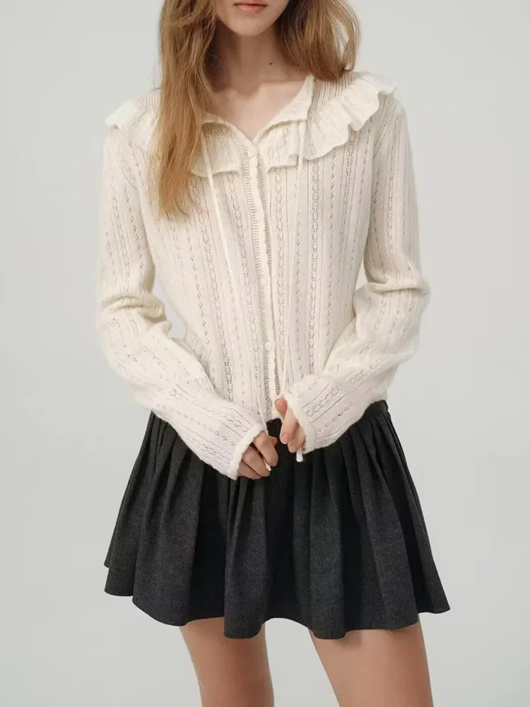 

Sweater for Women 2024 New Spring Hollow Out Ruffles Lace-up O-Neck Sweet Long Sleeve Knit Cardigan