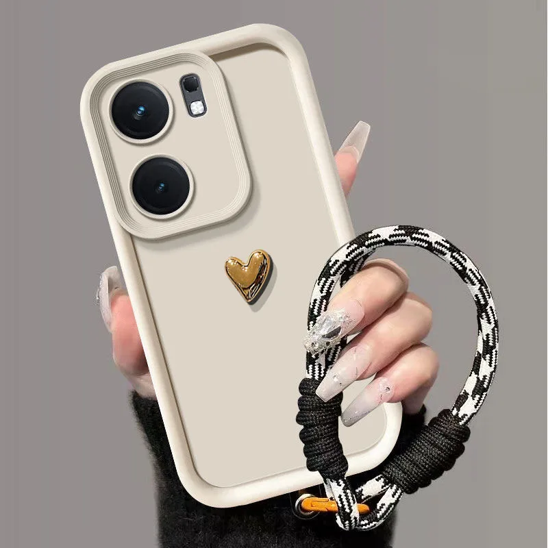 Matte Golden Love Heart Phone Case with Hand Strap – Full Protection Cover