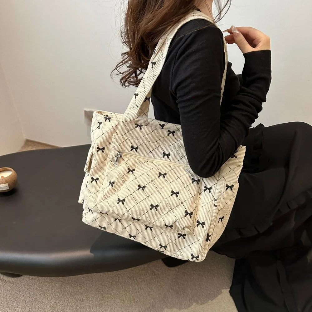 Corduroy Daily Handbag Fashionable Versatile Shoulder Bag for Women Multi-Compartment Zipper Closure Commute Women's Tote Bag