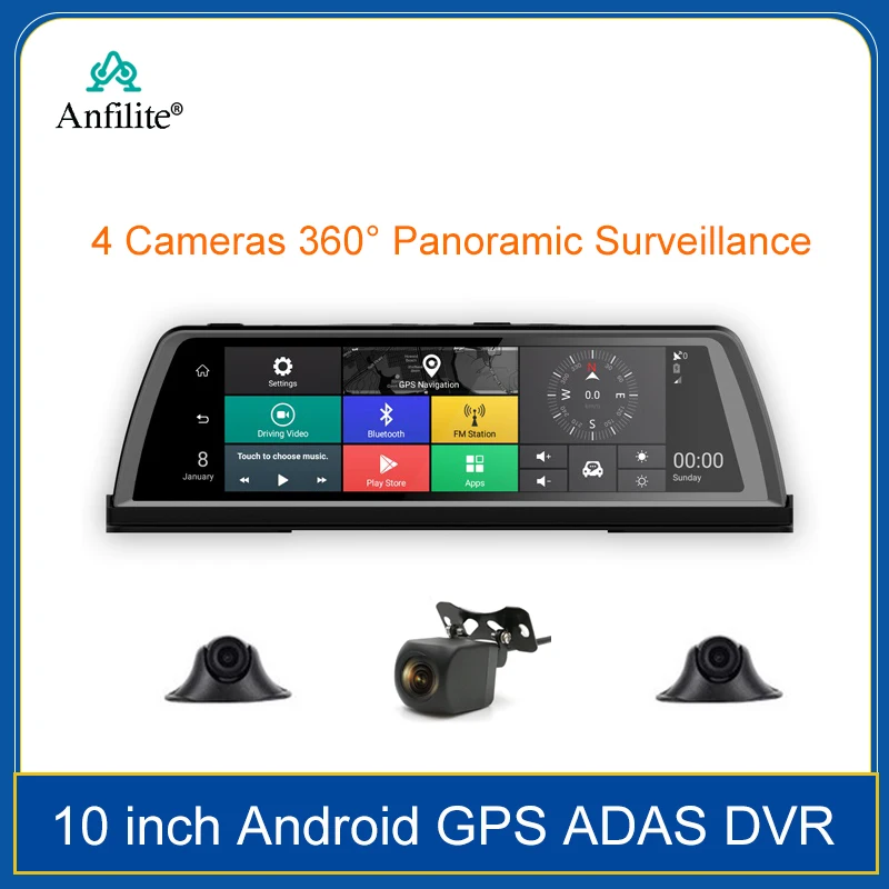 

4 CHS 10 Inch Dash Cam GPS Android ADAS Car Navigator Night Vision 4 Cameras 360° Panoramic Surveillance Video Recorder 2GB+32GB