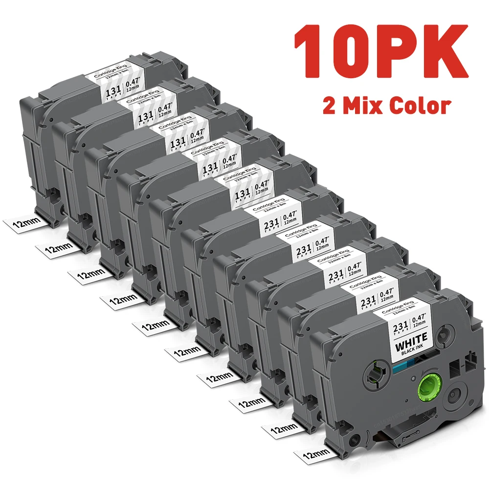 Pack of 10 Black on White Laminated Label Tapes (6/9/12mm)
