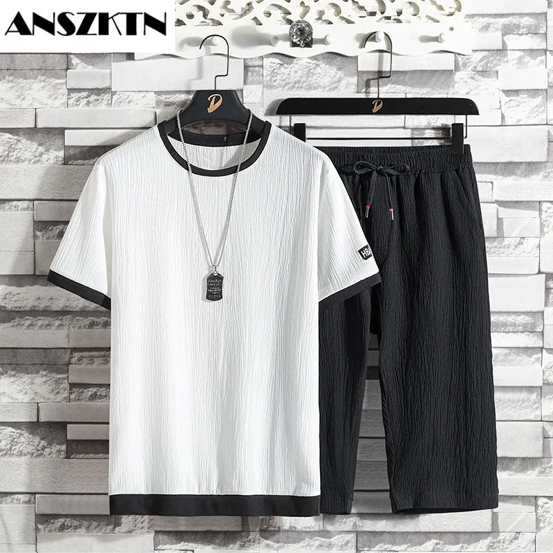 

ANSZKTN Summer short sleeved ice silk t-shirt men's suit new Korean fashion casual loose clothes men's summer clothes wholesale