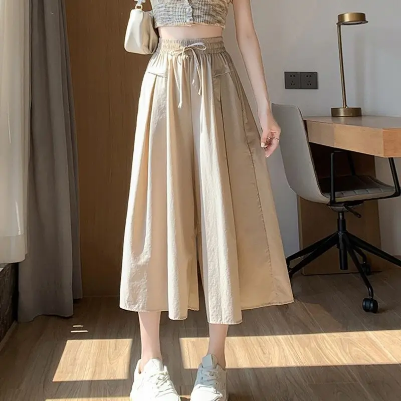 Fashion Elastic Lace Up Pockets Straight Wide Leg Pants Female Clothing 2024 Summer Loose Solid Color High Waist Casual Pants