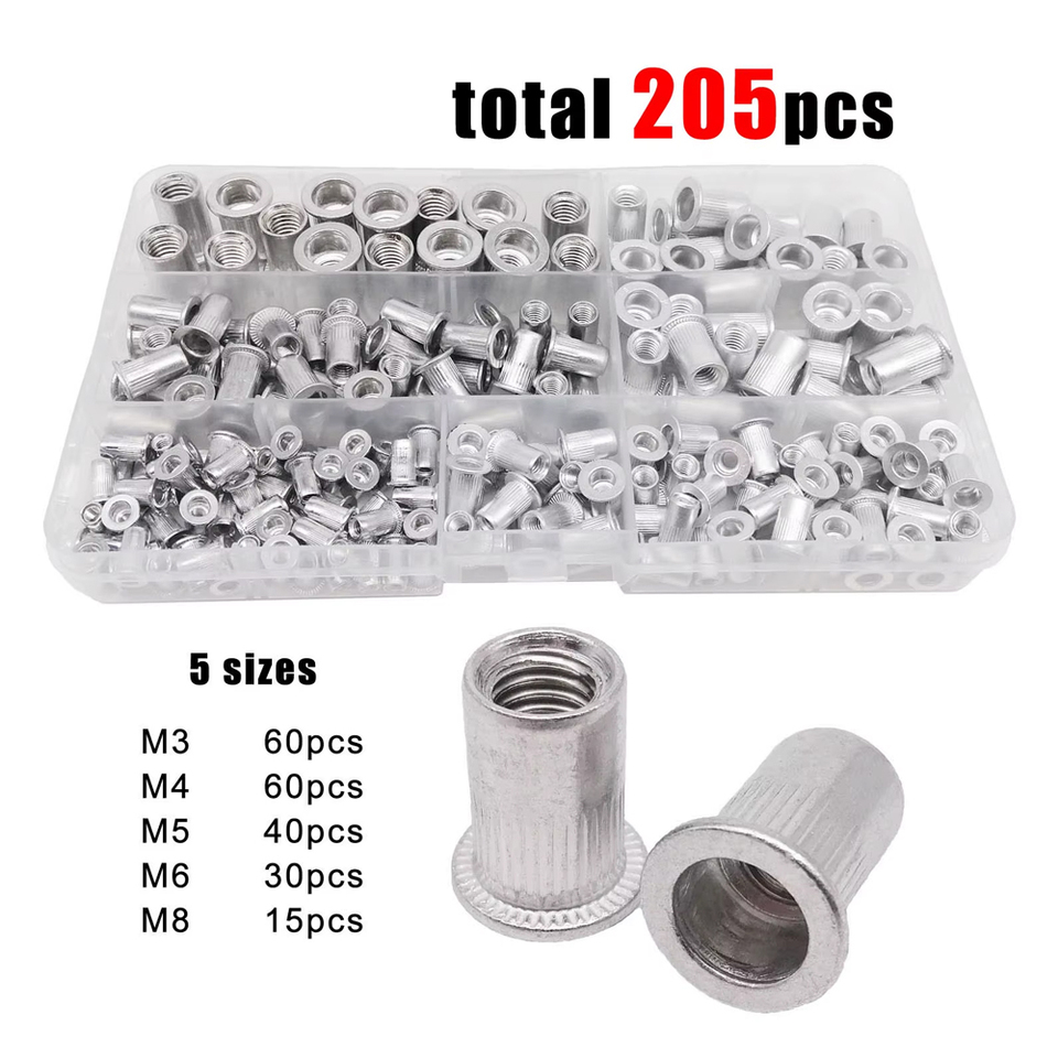 70/205pcs/box Aluminum Insert Rivet Nut Rivnut Nutsert Mix M3 M4 M5 M6 M8 Size Set Assortment Kit Flat Head High Quality
