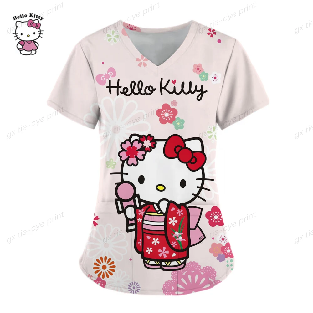 thumbnail image 1 of Camisetas de manga corta para mujer, uniforme de enfermera con estampado de Hello Kitty, cuello en V, bolsillo, para trabajadores de la salud, ropa de trabajo clínica, 1 of 5