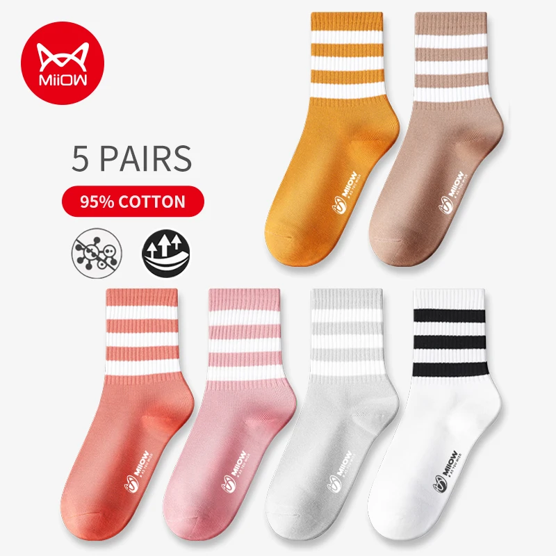 MiiOW 5 Pairs Stripe Mid Tube Socks Women Harajuku Antibacterial Cotton White Socks