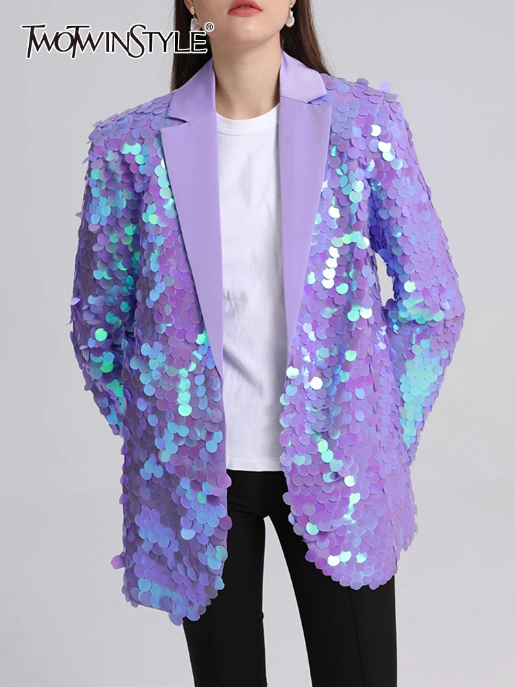 

TWOTWINSTYLE Elegant Spliced Sequins Blazers For Women Notched Collar Long Sleeve Temperament Chic Blazer Female Fashion Style
