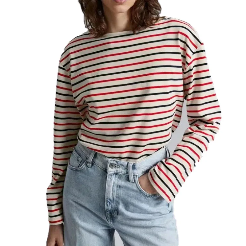 

VII 2024 Brand O Autumn Women's Clothing Striped Long Sleeve Loose Drop Shoulder Sleeve Knitwears Pullover Free Shipping Offers