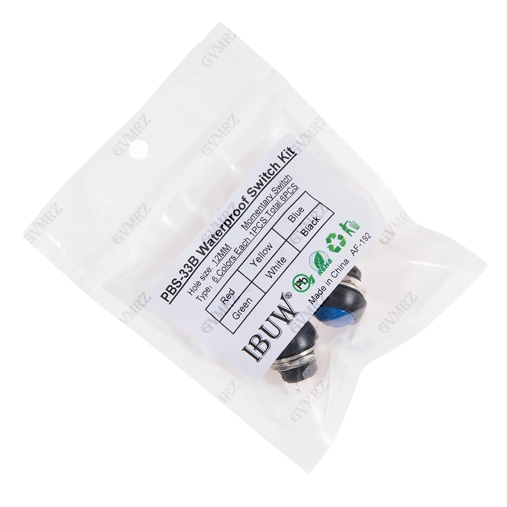 6PCS 미니 12mm 방수 PBS-33B 키트 순간 ON/OFF 푸시 버튼 라운드 스위치 화이트 블랙 레드 옐로우 블루 그린