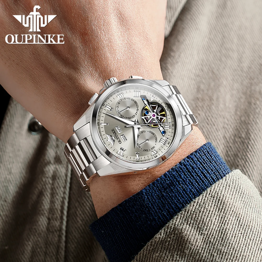 OUPINKE 3281 Watch For Men Top Brand Fashion Hollow Automatic Dress Wristwatch Week Date Display Waterproof Mechanical Man Watch