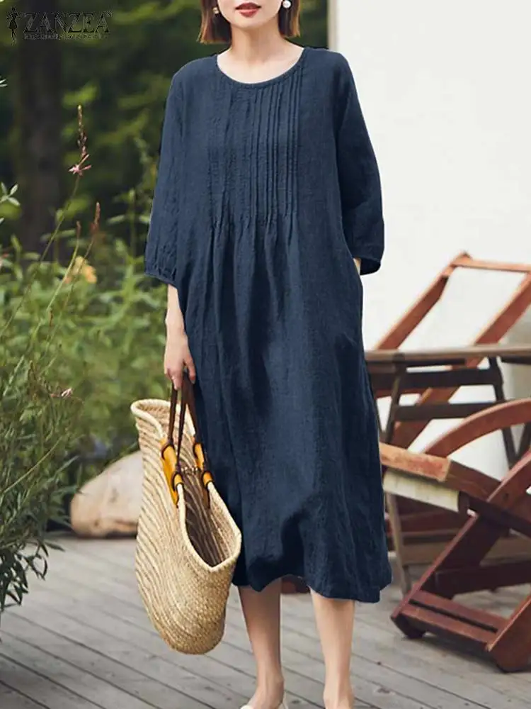 

ZANZEA Fashion OL Work Dress Women O Neck 3/4 Sleeve Dresses Autumn Casual Solid Sundress Elegant Mid-Calf Length Robe Oversized